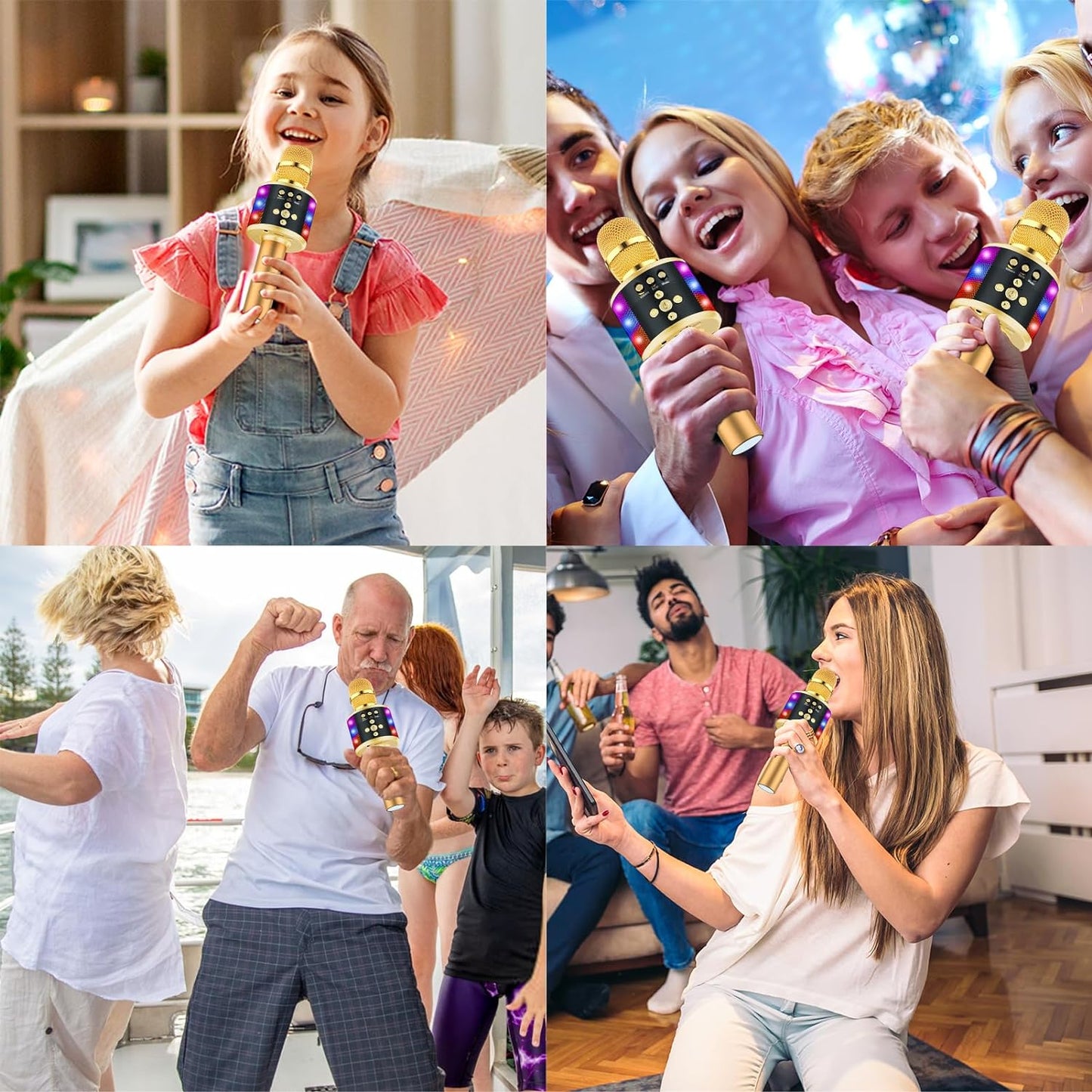Bluetooth Karaoke Microphone with Disco Lights and Echo Effect - Portable Singing Mic with Built-In Speaker for Kids and Adults, Ideal for Parties and Travel (Gold)