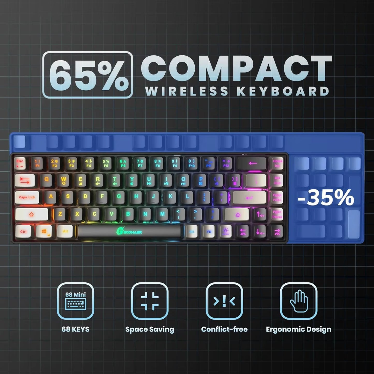 GEODMAER Rechargeable 2.4G Wireless Gaming Keyboard with Backlit 68 Keys - English/Spanish Layout for PC