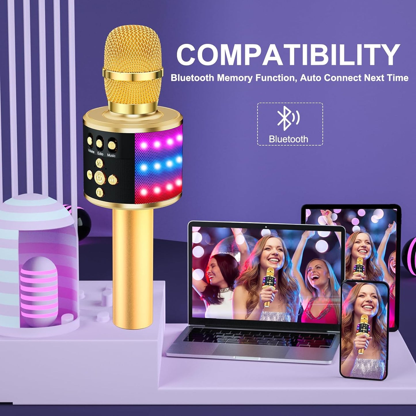 Bluetooth Karaoke Microphone with Disco Lights and Echo Effect - Portable Singing Mic with Built-In Speaker for Kids and Adults, Ideal for Parties and Travel (Gold)