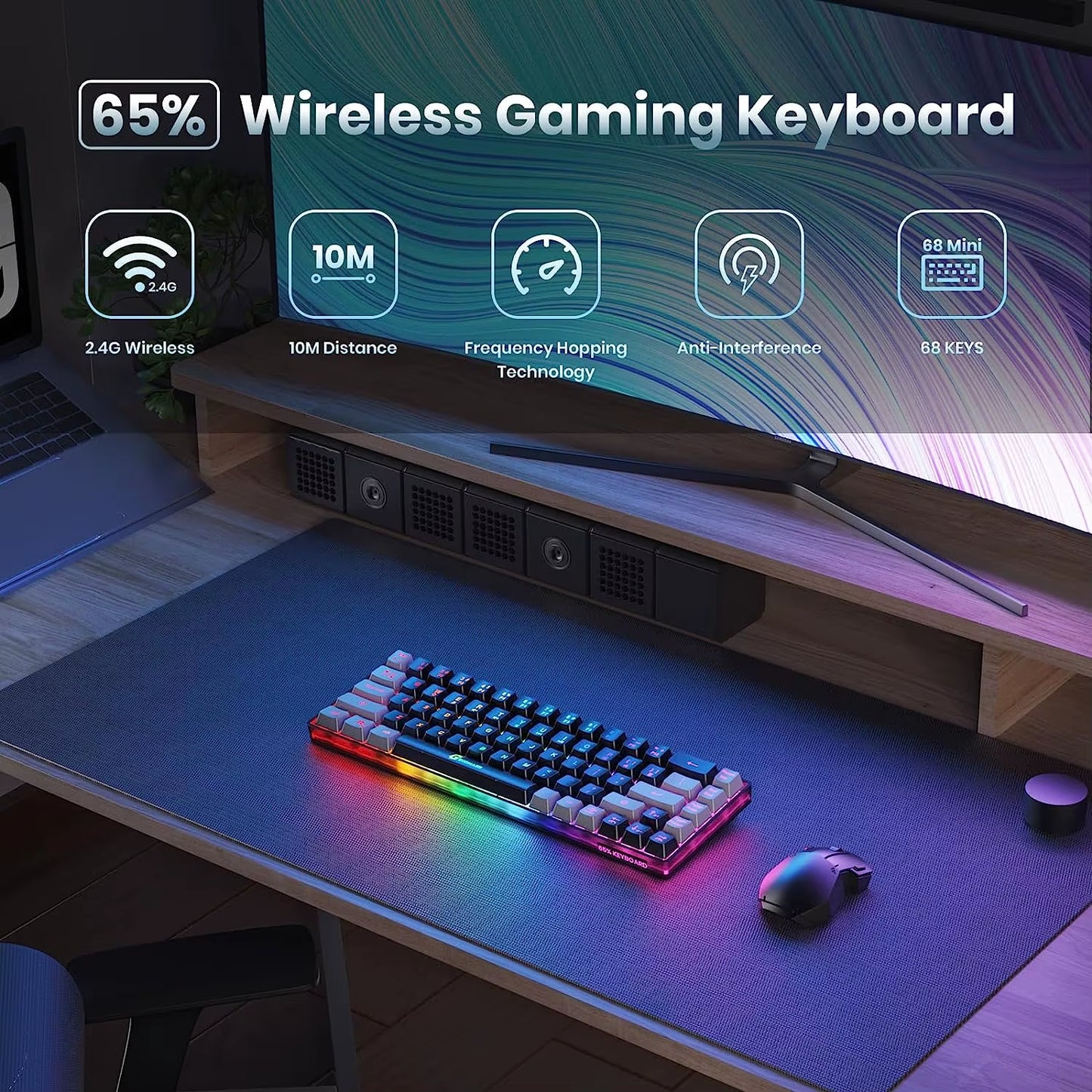 GEODMAER Rechargeable 2.4G Wireless Gaming Keyboard with Backlit 68 Keys - English/Spanish Layout for PC