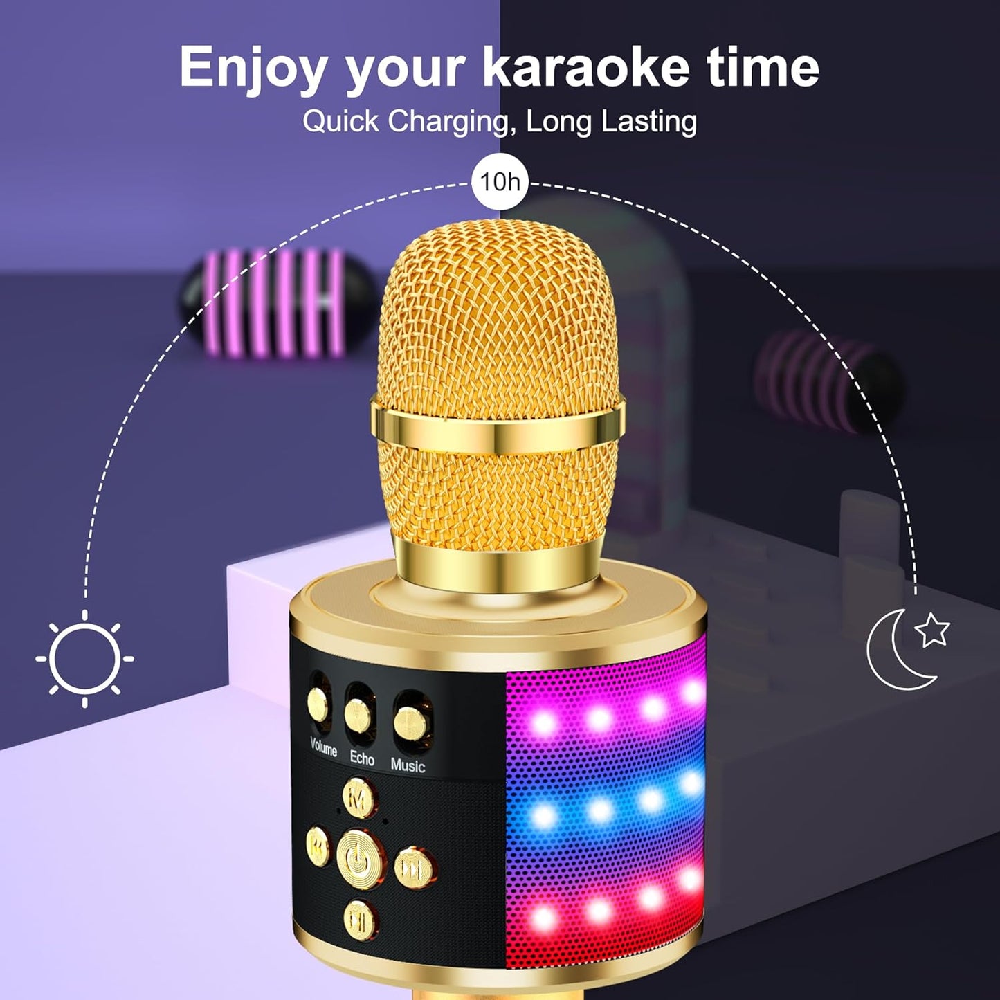 Bluetooth Karaoke Microphone with Disco Lights and Echo Effect - Portable Singing Mic with Built-In Speaker for Kids and Adults, Ideal for Parties and Travel (Gold)