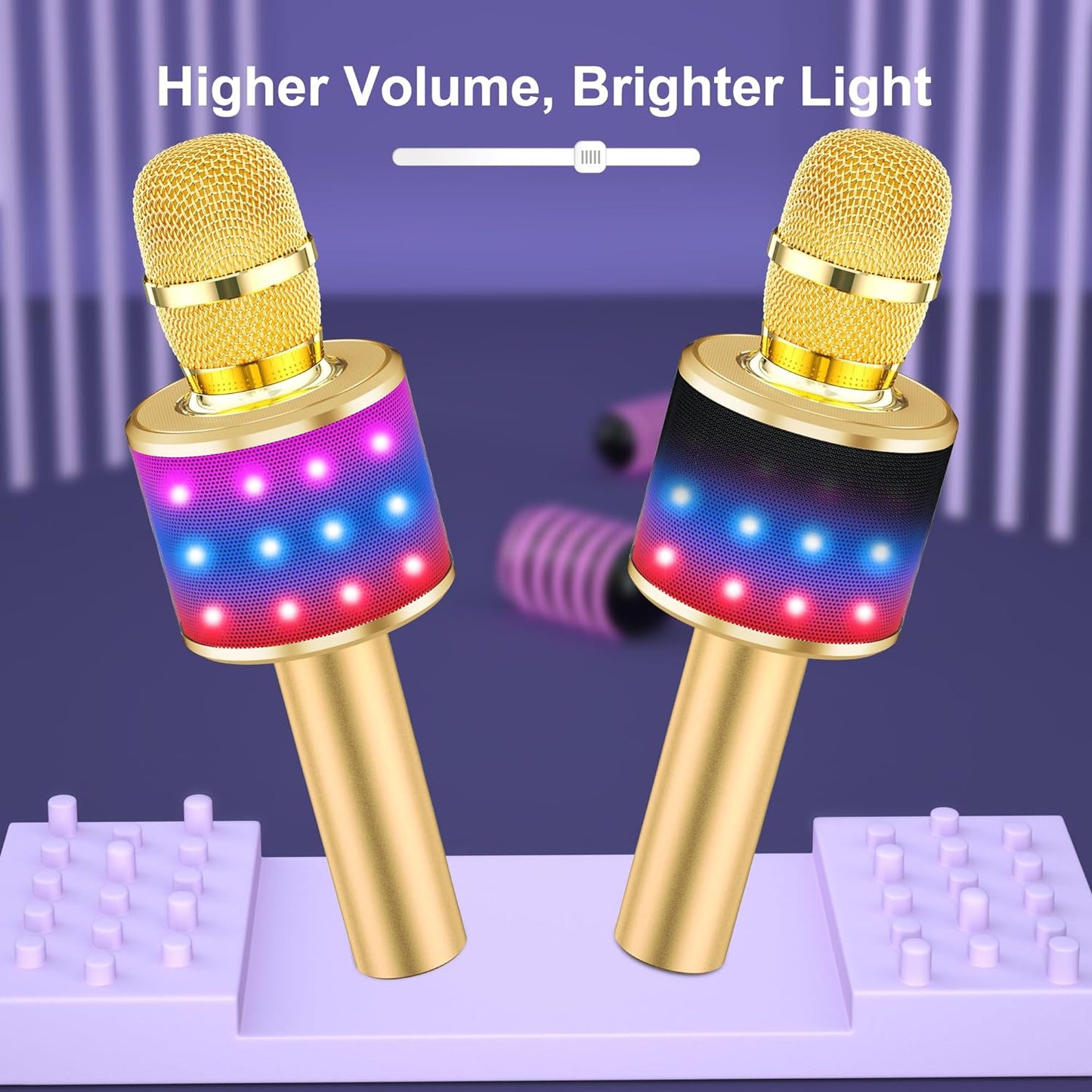 Bluetooth Karaoke Microphone with Disco Lights and Echo Effect - Portable Singing Mic with Built-In Speaker for Kids and Adults, Ideal for Parties and Travel (Gold)