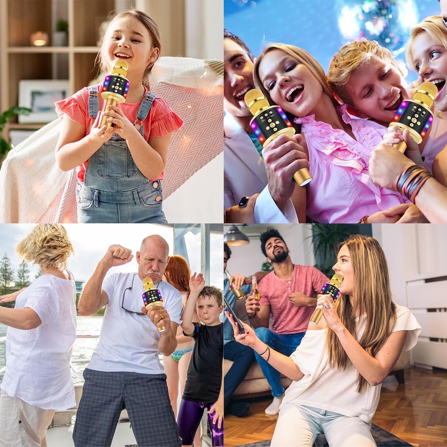 Bluetooth Karaoke Microphone with Disco Lights and Echo Effect - Portable Singing Mic with Built-In Speaker for Kids and Adults, Ideal for Parties and Travel (Gold)