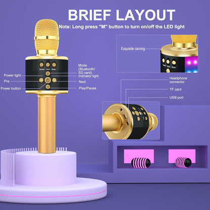 Bluetooth Karaoke Microphone with Disco Lights and Echo Effect - Portable Singing Mic with Built-In Speaker for Kids and Adults, Ideal for Parties and Travel (Gold)