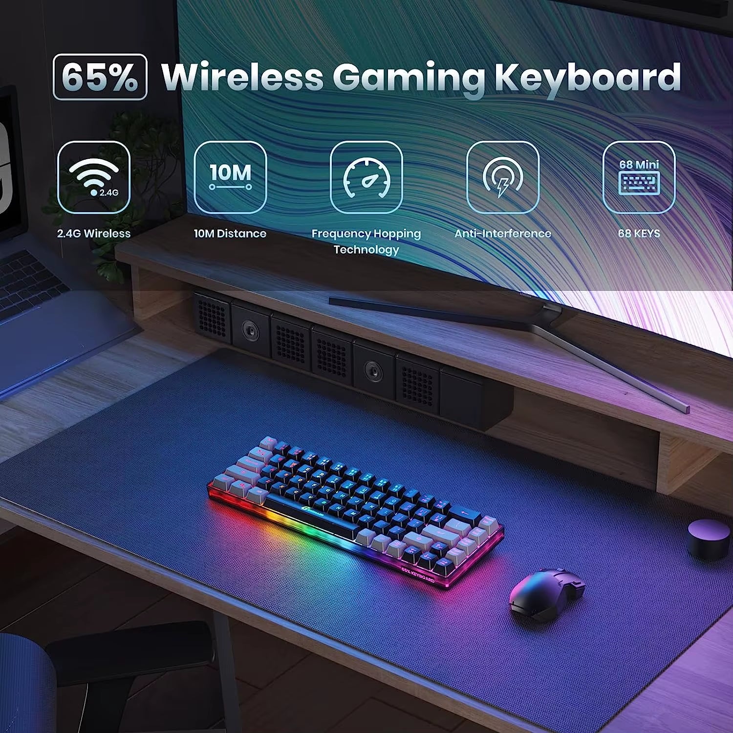 GEODMAER Rechargeable 2.4G Wireless Gaming Keyboard with Backlit 68 Keys - English/Spanish Layout for PC