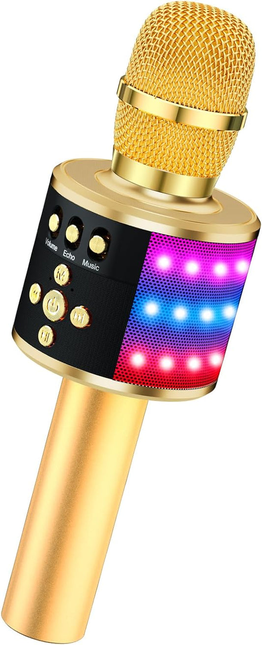Bluetooth Karaoke Microphone with Disco Lights and Echo Effect - Portable Singing Mic with Built-In Speaker for Kids and Adults, Ideal for Parties and Travel (Gold)